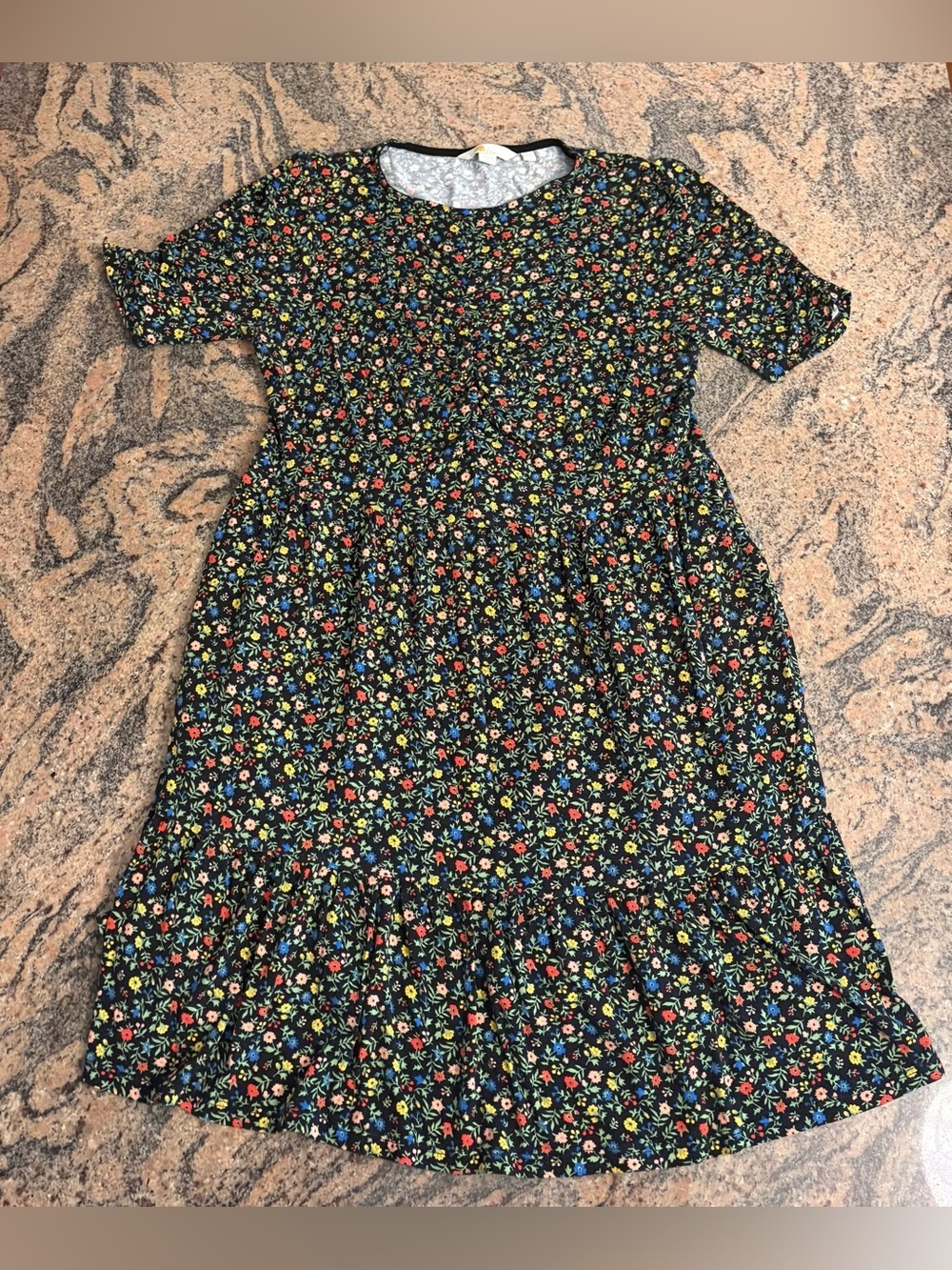 Boden Black Multi Floral Short Sleeve Tiered Fit & Flare Minidress, Size 8